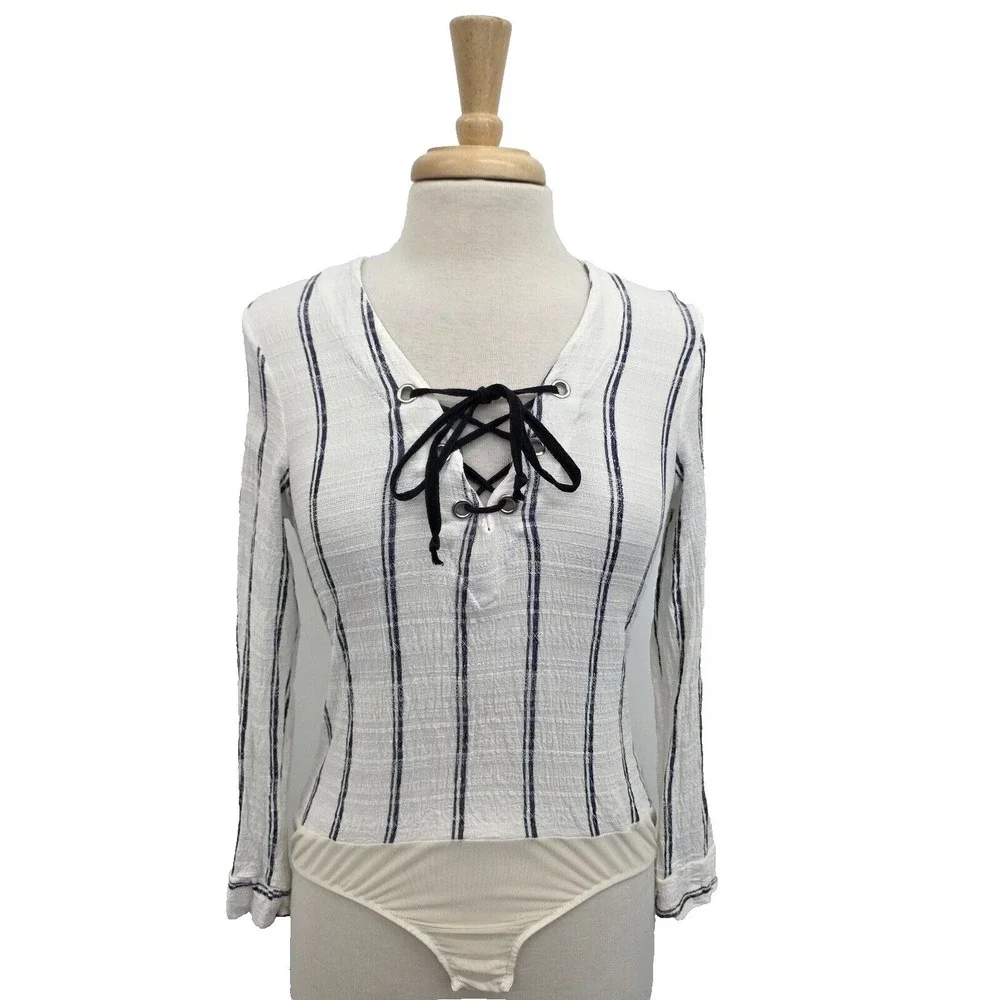 Free People Intimately Womens S Bodysuit Lace Up Striped Long Sleeve Boho Casual